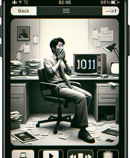A clean mobile app interface designed to display photos from a user’s phone, with a retro aesthetic for the displayed image. The screen showcases a single black-and-white photo, styled to mimic a grainy 90s film capture. The photo shows a young man in his 30s, sitting in an office chair and looking surprised at the camera as if caught off guard.

The office environment is cluttered with retro elements like a CRT monitor, stacks of papers, a desk lamp, and a vintage rotary phone. The monitor subtly displays binary code '1011,' hidden among other on-screen data. The photo frame has faint edges, resembling a classic film border, with subtle scratches and grain to enhance the retro feel. The app interface itself is minimal, with a back arrow at the top-left and a small menu icon at the top-right, keeping the focus on the photograph..
Single Game Texture. In-Game asset. 2d. Blank background. High contrast. No shadows.
