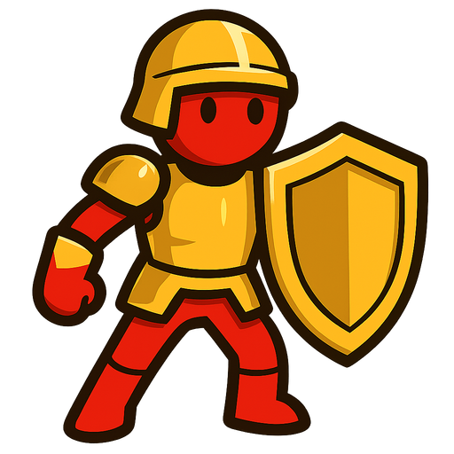 A red stickman with a big golden shield and golden armor.
In-Game asset.  2d.  High contrast.  No shadows