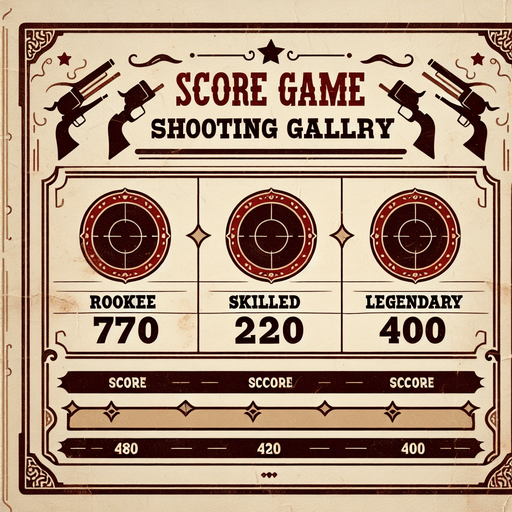 a western shooting gallery ranking charts written rookie (70) skilled(220) legendary (400).
Single Game Texture. In-Game asset. 2d. Blank background. High contrast. No shadows.