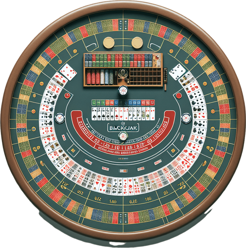 A top down view of one blackjack betting table with one dealer per table. Single Game Texture. In-Game asset. 2d. Blank background. High contrast. No shadows.