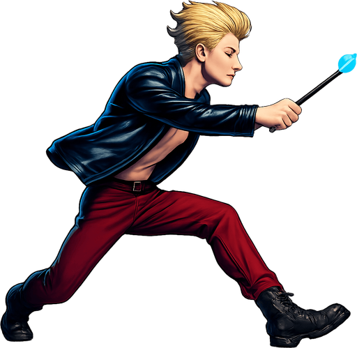 Swishy graceful man Cyberpunk manga, wand pointed straight ahead, arm extended, Slide across ground attack, side profile view attack animation, shiny black leather biker jacket longsleeves shirtless Skinny abs blonde pompadour guy, action shot wine red joggers combat boots, Background removed, "Full-body character, entirely in frame, no cropping of face, head, or feet" "Complete character visible, from head to toe, fully centered in the image" "Entire character, including face and boots, fully within the frame" Character fully contained within a square frame, no edges cut off fashion model running pose