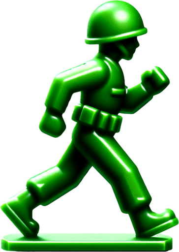 Profil view of a little green soldier toy, walking. no background . no floor. In-Game asset. 2d. Blank background. High contrast. No shadows.