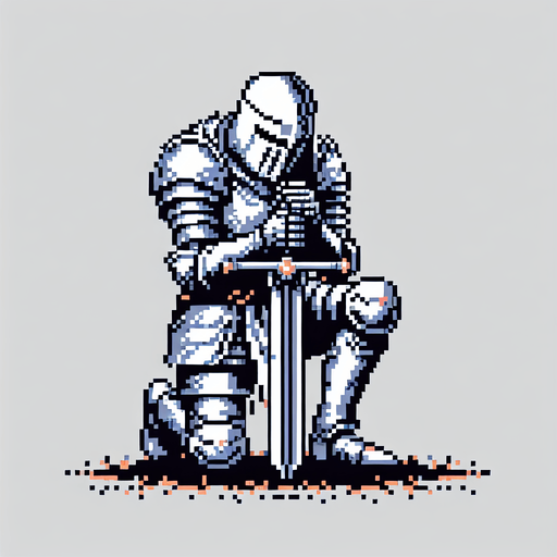 Create an 8-bit pixelated image of a defeated Knight Hero, kneeling with his head down in sorrow. He grips his sword with both hands, its tip resting in the ground. this represents the game over image for a retro video game.
Single Game Texture. In-Game asset. 2d. Blank background. High contrast. No shadows.