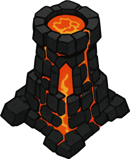 Dark magma tower.
In-Game asset.  2d.  High contrast.  No shadows. Topdown