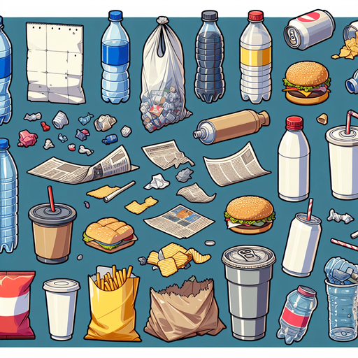 Big Sprite sheet of the most symbolic consumer waste: plastic bottle, plastic bag, can, newspaper sheet, empty hamburger wrapper, can, disposable cup with straw, opened bag of chips, opened can, and others....
game sprite sheet. blank background