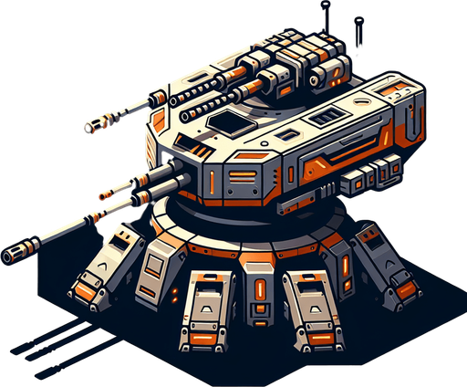turret.
Single Game Texture. In-Game asset. 2d. Blank background. High contrast. No shadows.
less futuristic orange and silver colored shoots normal bullets two rifles
