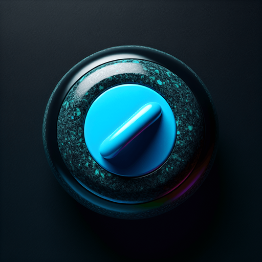 Black curlingstone with neonblue top, top view.