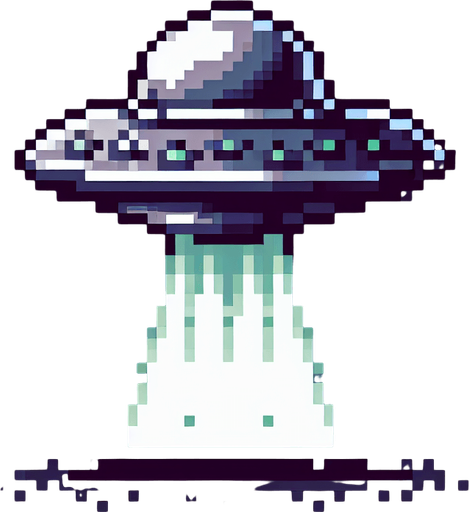 pixel art of a small flying UFO.
Single Game Texture. In-Game asset. 2d. Blank background. High contrast. No shadows.