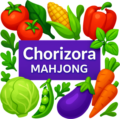 Mahjong game background of vegetables and plants, have text in the middle of it "Chorizora mahjong".
In-Game asset.  High contrast.  No shadows. 3D