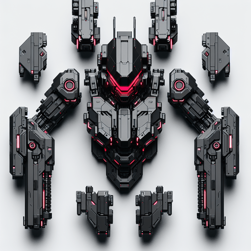 Overhead view. A sleek battle robot with a wide red visor across the head. Three distinct parts, body and two arms. Symmetrical design. Birds Eye view above them looking down on their head. Simple shapes. Low detail. Cyberpunk, black with red glowing highlights..
Single Game Texture. In-Game asset. 2d. Blank background. High contrast. No shadows.