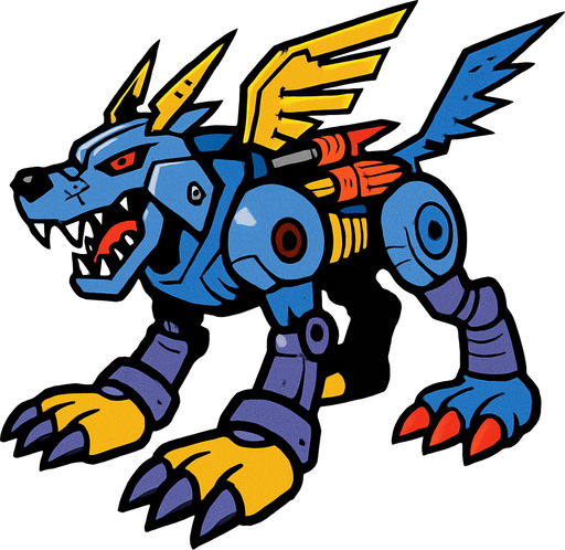 Metalgarurumon.
In-Game asset.  2d.  High contrast.  No shadows