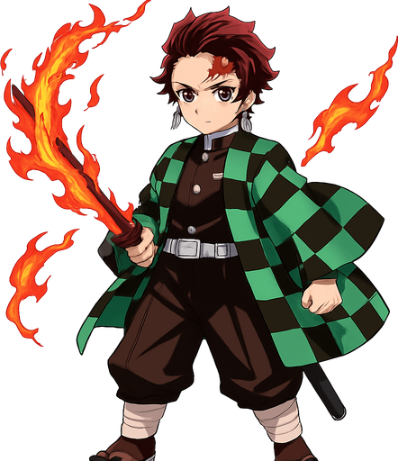 “Ilustración estilo anime de Tanjiro Kamado de cuerpo completo.
Tanjiro está de pie en una pose heroica, sosteniendo una katana con llamas intensas de fuego rojo y naranja rodeando la hoja.
Viste su uniforme de cazador de demonios con el característico haori verde y negro a cuadros.
Su expresión es decidida y valiente, con su cicatriz visible en la frente y aretes tradicionales.
Estilo anime japonés, alta calidad, ultra detallado, iluminación épica, colores vibrantes. No background. Transparent background. Blank background. No shadows. 2d. In-Game asset. flat