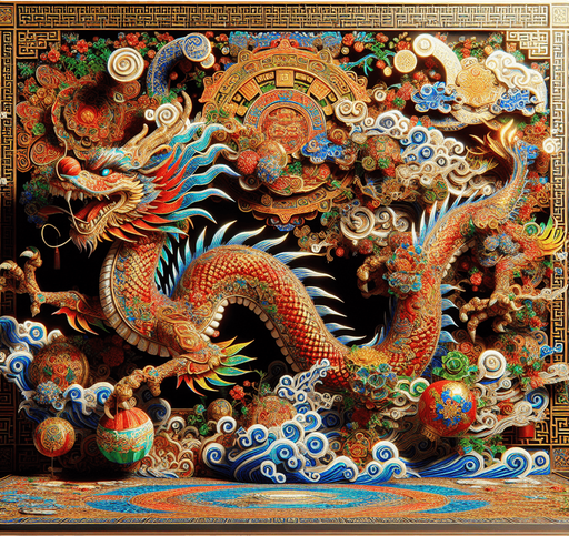 Chinese new years, magical landscape, year of the dragon.
Single Game Texture. In-Game asset. 2d. Blank background. High contrast. No shadows.