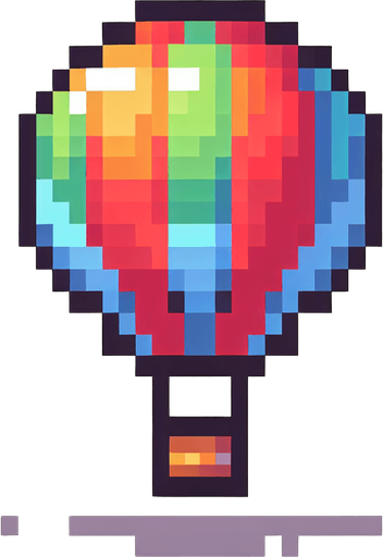 hot air balloon with simple pixel art.
Single Game Texture. In-Game asset. 2d. Blank background. High contrast. No shadows.