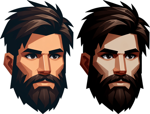 bearded man with dark hairs.
Single Game Texture. In-Game asset. 2d. Blank background. High contrast. No shadows.