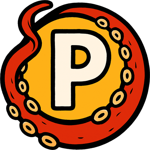 una p dentro de una esfera con un brazo de un pulpo rojo rodeandola.
In-Game asset.  2d.  High contrast.  No shadows