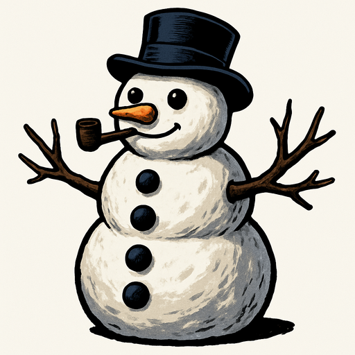 Hombre de nieve con pipa y manos de ramas y tres botones negros verticalmente algo realista.
In-Game asset.  2d.  High contrast.  No shadows