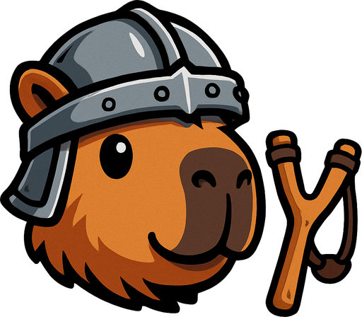 Una cabeza de un capibara en estilo cartoon. Debe tener un casco medieval. A su lado debe esatr un resortera. Quita el fondo..
In-Game asset.  2d.  High contrast.  No shadows