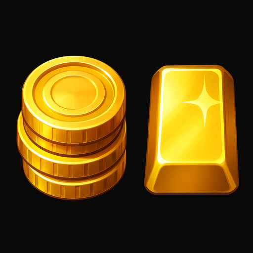Crea un icono de oro que represente el recurso monetario. Debe ser una pila de monedas de oro brillante o un lingote de oro, visto directamente desde arriba. La superficie superior debe mostrar un brillo metálico y detalles que simulen el relieve de monedas o la textura pulida de un lingote..
In-Game asset.  2d.  High contrast.  No shadows