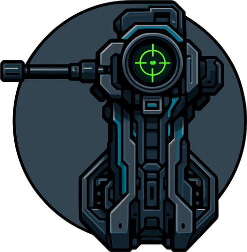 top-down view, futuristic sniper defense tower, mechanical turret base, integrated long-range scope with green targeting reticle, high-tech cyberpunk machine parts, sleek tower design, circular top down, symmetrical.
In-Game asset.  2d.  High contrast.  No shadows