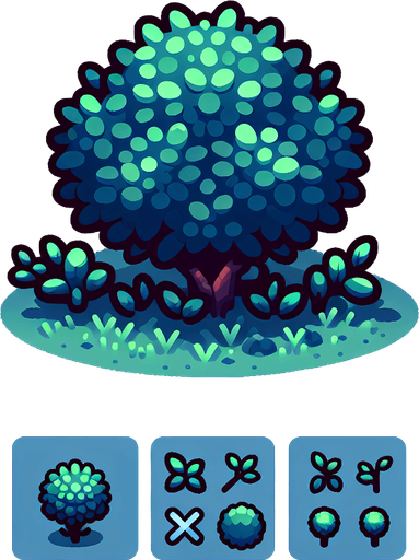 a small bush.
Single Game Texture.  In-Game asset.  2d.  Blank background.  High contrast.  No shadows