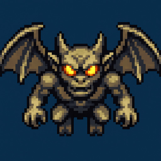 um gárgula voador com olhos brilhantes, pixel 32bits art style, vista aerea frontal.
In-Game asset.  2d.  High contrast.  No shadows