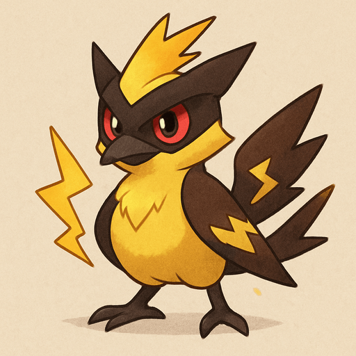 Um monstrinho do tipo elétrico inspirado em Pokémon e Digimon Classe Rpg aparência Bem-te-vi e Zorro