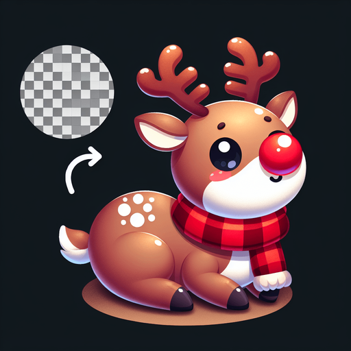 a cute little santa's reindeer with a red nose sitting Single Game Texture. 2d. Transparent background. High contrast. No shadows.