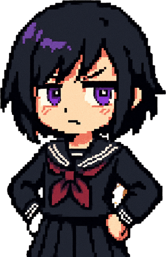 A cute anime-style girl in pixel art, with an emo aesthetic and striking purple eyes. She wears a classic Japanese school uniform (sailor fuku) and is often shown with a slightly grumpy expression, reflecting a bit of a tsundere personality. She stands confidently with her hands on her hips and a slight tilt to her posture. Behind her is a typical Japanese classroom, enhancing the school-themed atmosphere..
In-Game asset.  2d.  High contrast.  No shadows