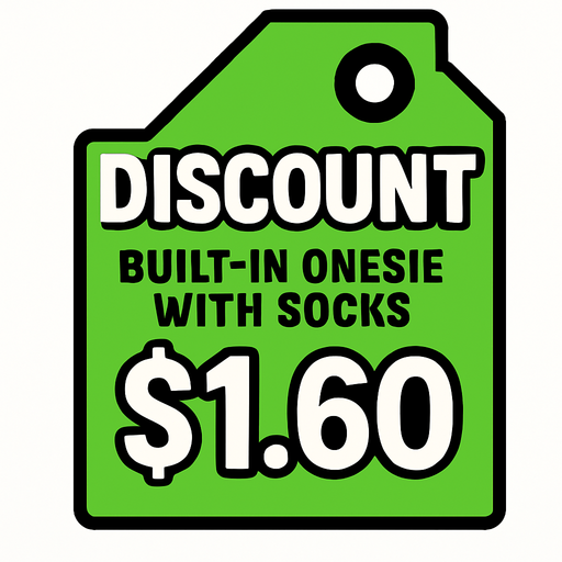 Green pricetag that says discount built in onesie with socks $1.60.
In-Game asset.  2d.  High contrast.  No shadows