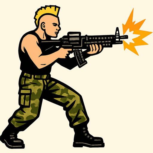 un hombre de 90 kilos rubio con un mohicano con una camiseta de tirantes negra con pantalones de militar disparando un m60 sin brazo con la perspectiva lateral de cuerpo completo.
In-Game asset.  2d.  High contrast.  No shadows