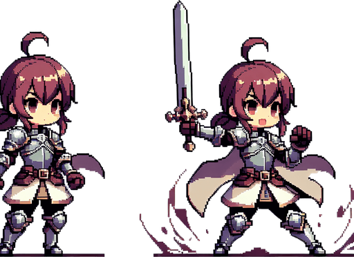 generate a 2d asset pixel art spritesheet of a anime girl knight with two frames. one idle and one attacking with a sword
Single Game Texture.  In-Game asset.  2d.  Blank background.  High contrast.  No shadows