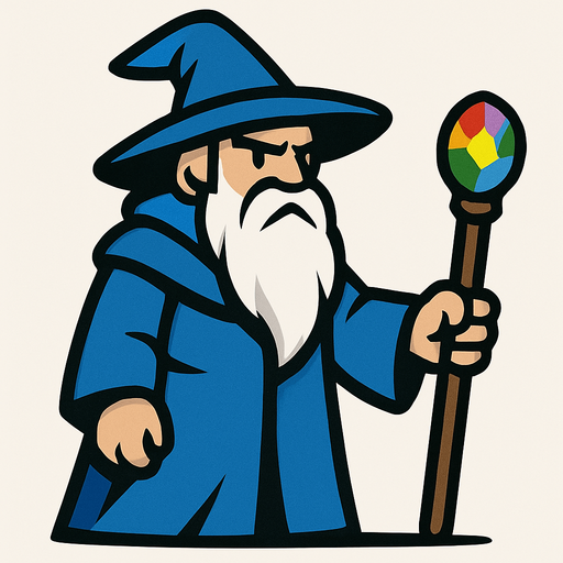 A wizard with a blue dress (like a coat) holding a stick touching the ground and a colored stone on the end of the stick, a wizard with a white beard and a hat on his head, and his whole body and right arm should not be visible from the frame (screen).
In-Game asset.  2d.  High contrast.  No shadows