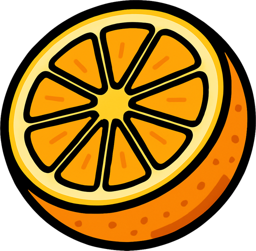 Naranja Circular Cortada por la mitad.
In-Game asset.  2d.  High contrast.  No shadows. Cartoon.