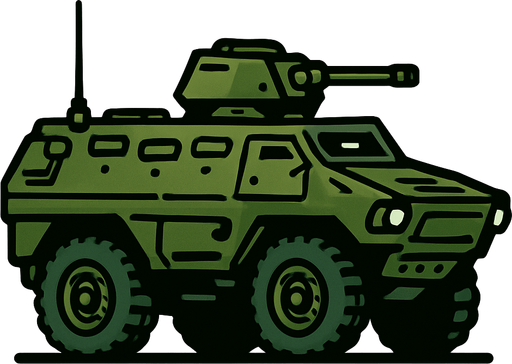 sağa giden askeri yeşil renkte zırhlı araç.
In-Game asset.  2d.  High contrast.  No shadows