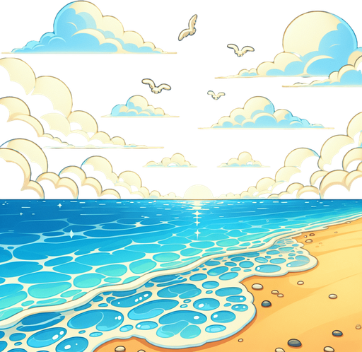 "A bright, cartoon-style beachside sky with soft white clouds, a clear blue ocean, and a sandy shore in the background. The colors should be vibrant and cheerful, with a summer vibe.".
Single Game Texture.  In-Game asset.  2d.  Blank background.  High contrast.  No shadows