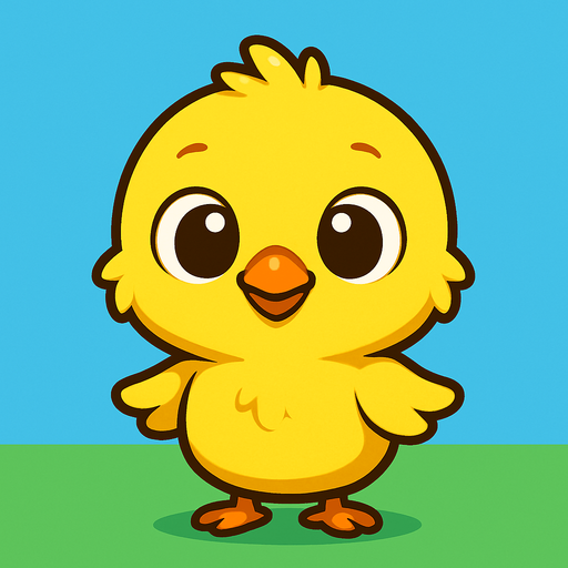 “A cute cartoon-style baby chick standing upright, designed as a game character. Big round eyes, small orange beak, fluffy yellow feathers, small wings, tiny feet. Bright and happy expression, simple colorful background, high-quality digital illustration, ideal for a mobile game character..
In-Game asset.  2d.  High contrast.  No shadows. cartoon style