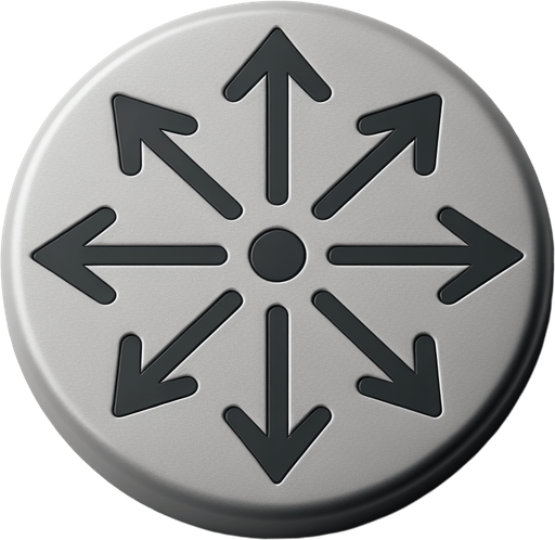 top view of a simple concave gray plalstic button with 4 large black directional arrows printed on it..