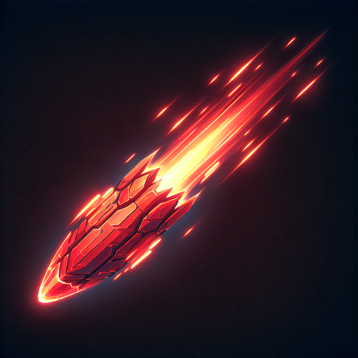 A 2D top-down view of a futuristic energy bullet for a space shooter game. The bullet is a glowing red plasma projectile  elongated shape and a slight energy trail behind it. The design is simple, bright, and high-speed-looking, suitable for fast-paced shooting gameplay.
Single Game Texture.  In-Game asset.  Blank background.  High contrast.  No shadows
