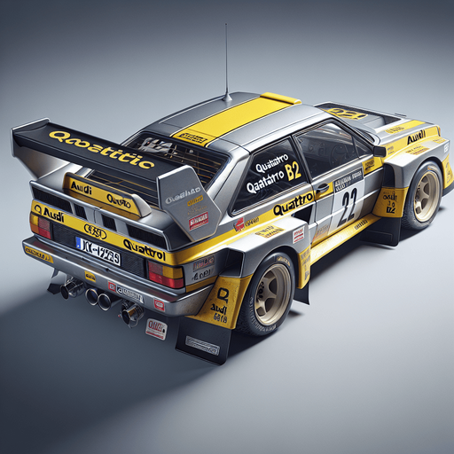Photorealistic Audi Quattro B2 rally car with yellow stickers, from topback view