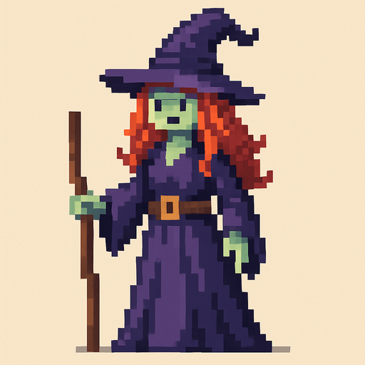 a witch with red head and purple hat..
pixel art. full body
