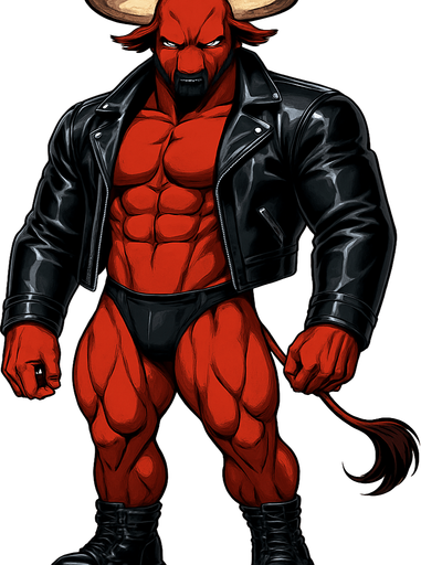 idle animation hunky Minotaur man Cyberpunk manga, minotaur monster hunk, shiny black leather biker jacket longsleeves shirtless muscles, jockstrap combat boots, Background removed, "Full-body character, entirely in frame, no cropping of face, head, or feet" "Complete character visible, from horns to hooves, fully centered in the image" "Entire character, including face and boots, fully within the frame" Character fully contained within a square frame, no edges cut off fashion model idle pose
