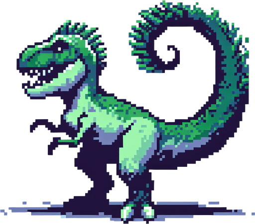 Create a left-facing version, 2d, trex ,pixel art.
Single Game Texture. In-Game asset. 2d. Blank background. High contrast. No shadows.