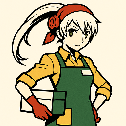 Labrys personaje de Persona 4 Arena con ropa de tendera..
In-Game asset.  2d.  High contrast.  No shadows