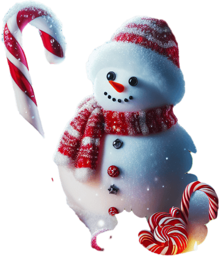 a feeric christmas landscape at night with a snow man , candy canes ,holly leafs and snow flakes, Background image