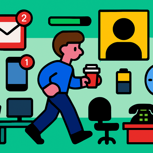 Fullscreen modern App Store landscape banner, 16:9, high definition, for a game titled "FOMO Simulator: The Meeting That Could've Been An Email" and with the description "A fast-paced office simulator where you collect meetings, emails, and notifications while managing your energy levels. Strategic decisions must be made about which workplace items to prioritize as your energy depletes. Grab coffee for boosts, avoid missing important meetings, and survive the chaotic 60-second workday!". No text on banner!.
In-Game asset.  2d.  High contrast.  No shadows