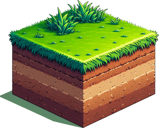 Side on. Dirt with grass. Full width. Super mario.
Blank background.  High contrast.  No shadows