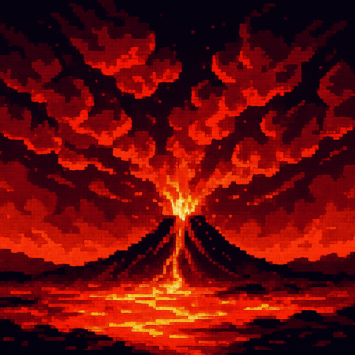 Volcanic sky, red-orange fiery clouds, lava glow effect, hot atmosphere, dramatic red gradient, 2D pixel art.
In-Game asset.  2d.  High contrast.  No shadows