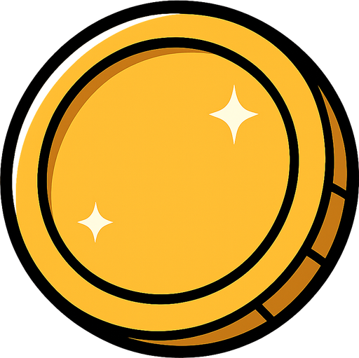Simple golden coin, rounded, shiny, big black outline, funny