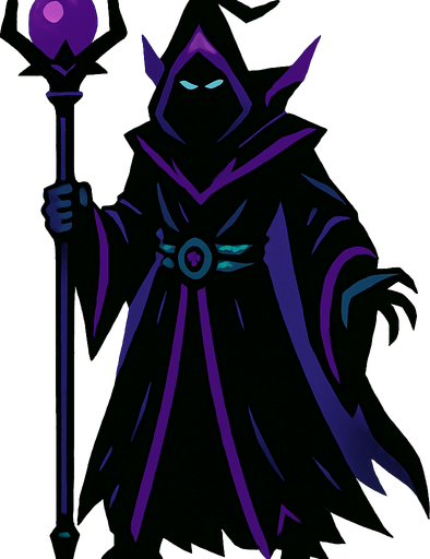 Darkness wizard, con cuerpo entero.
In-Game asset.  2d.  High contrast.  No shadows